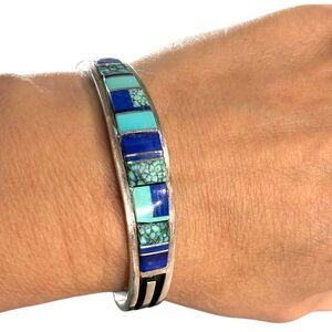 Southwestern Inlay Lapis, Blue, Green real turquoise stamped WM Sterling Bangle
